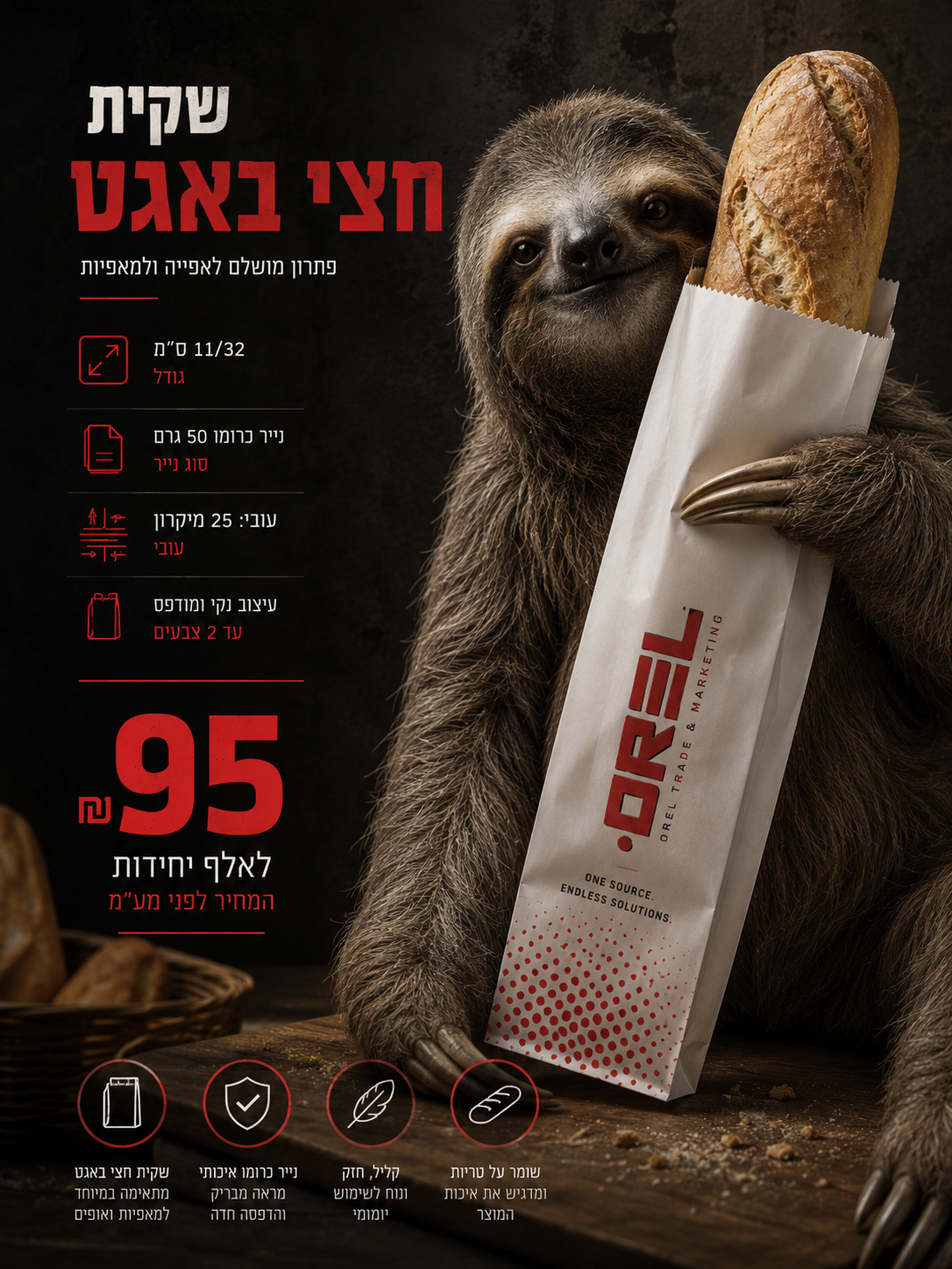 כרזת מוצר: שקית חצי באגט בגודל 11/32 ס״מ, נייר כרומו 50 גרם, עובי 25 מיקרון, הדפסה עד 2 צבעים, ₪95 לאלף יחידות