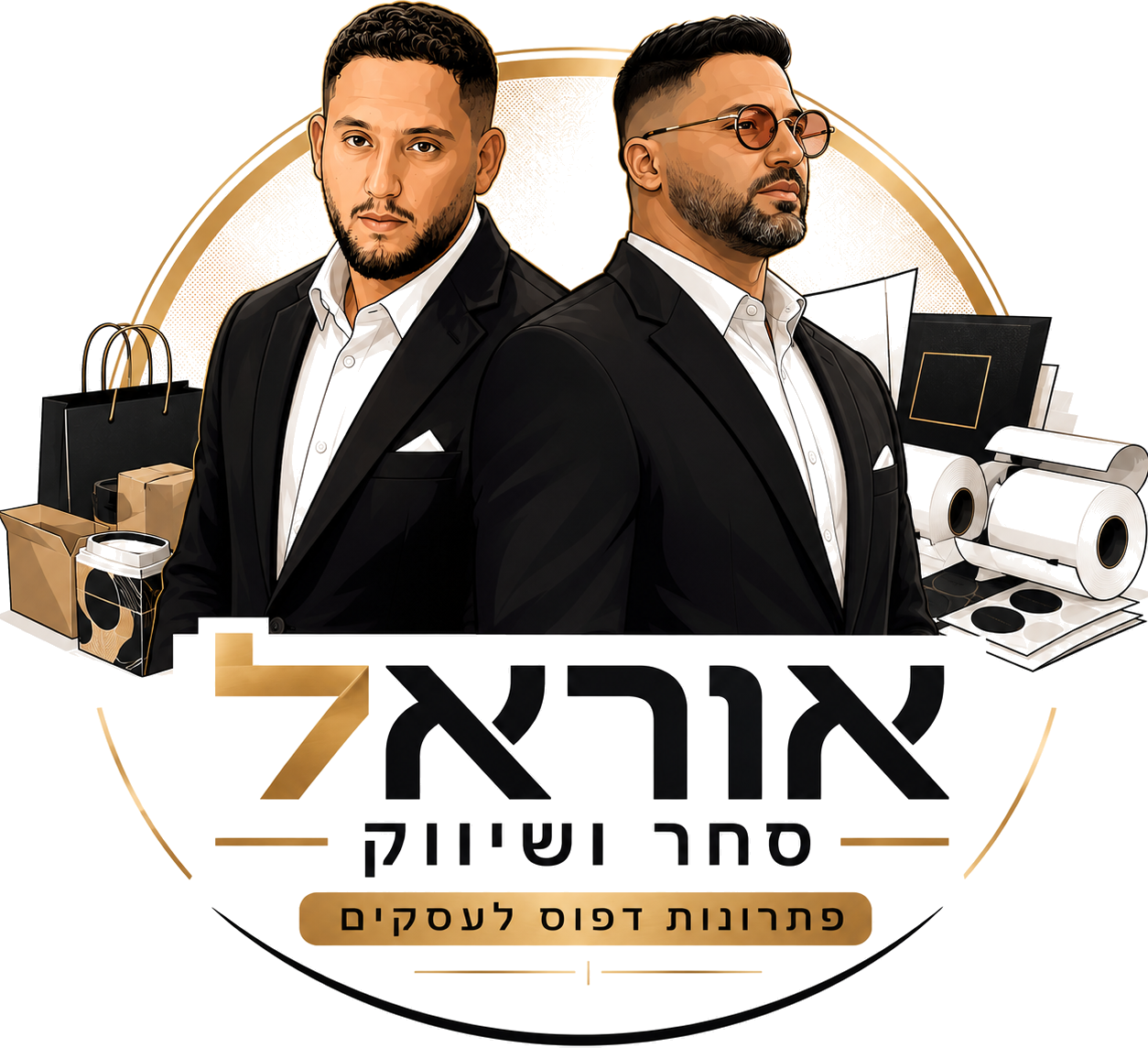 לוגו אוראל סחר ושיווק — איור של אוראל ואסף עם מוצרי אריזה ודפוס